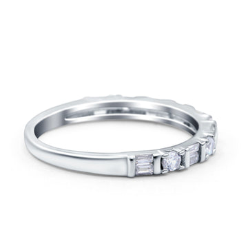 Half Eternity Ring Wedding Engagement Band Baguette Round Pave Simulated CZ 925 Sterling Silver (2mm)